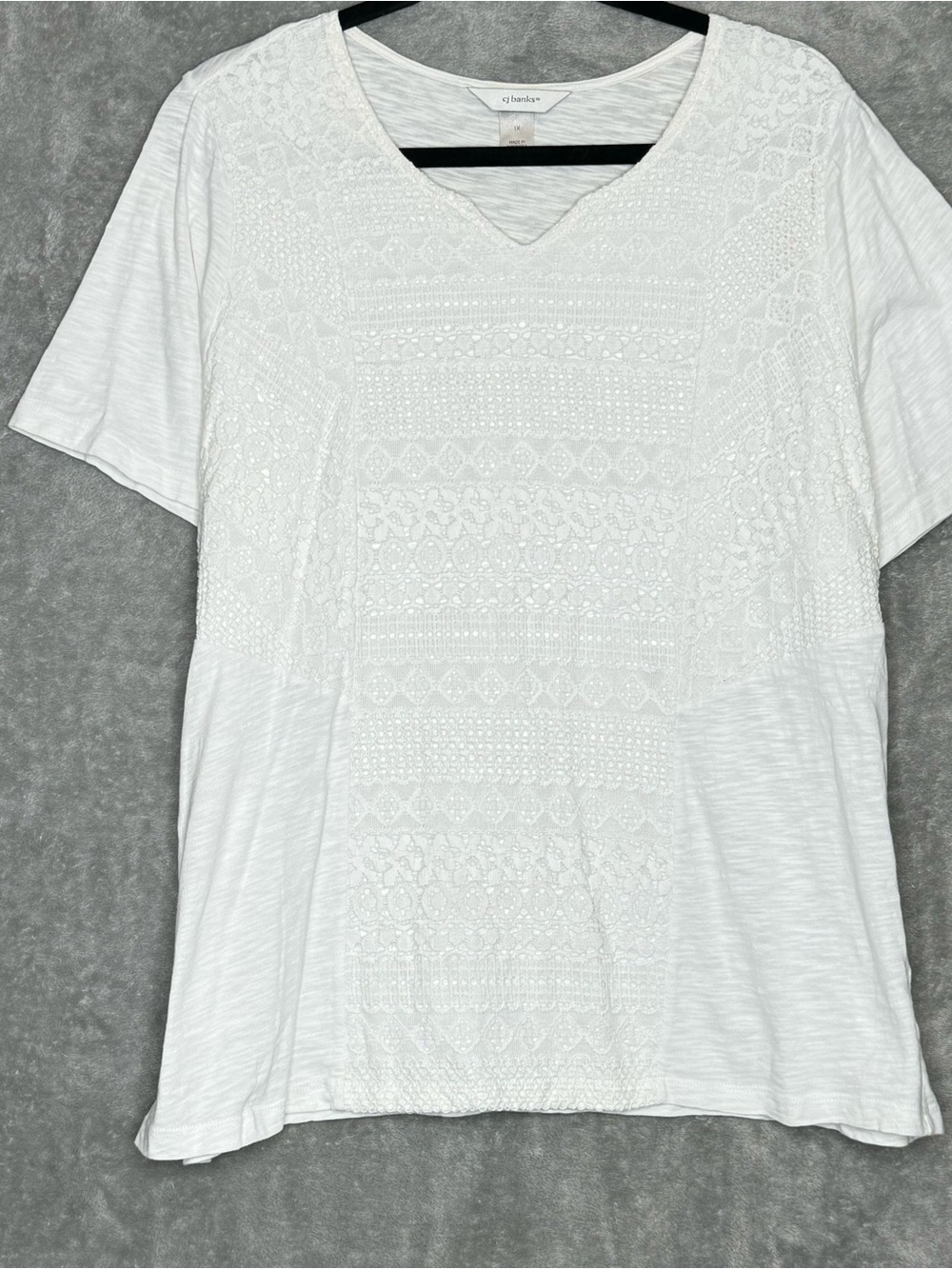 CJ Banks 1X Shirt Top White Solid Short Sleeve Scoop Neck Lace Overlay Cotton